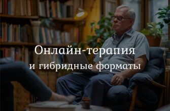 Онлайн-терапия: Мужчина общается с психологом через ноутбук, на экране — улыбающийся специалист